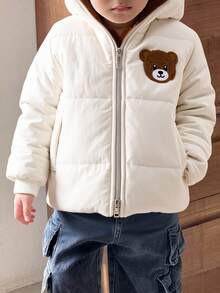 SHEIN 男童休闲舒适百搭可爱毛绒内衬连帽加厚冬季绗缝大衣 - 杏色 - 查看 4