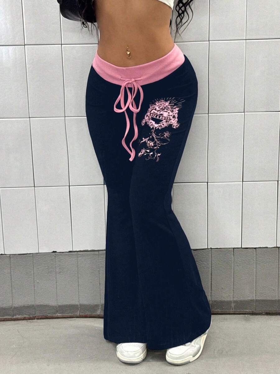 StreetHx Pantalon évasé de style punk à imprimé blocs de couleurs pour femmes