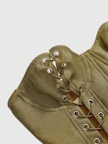 ROMWE Grunge Punk 复古做旧PU性感开衩修身女式抹胸 - 杏色 - 查看 4