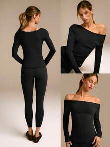 GLOWMODE FeatherFit™ PulseFit 柔软弹力吸汗修身长袖上衣和紧身裤套装低冲击瑜伽普拉提工作室日常运动服 - 黑色 - 查看 9