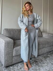 DAZY 女士宽松长款针织睡袍，简约设计，冬季睡衣，舒适保暖 - 淺灰色 - 查看 5