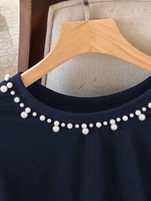 Lacomfia 女式宽松珍珠装饰圆领长袖休闲日常运动衫，加大码