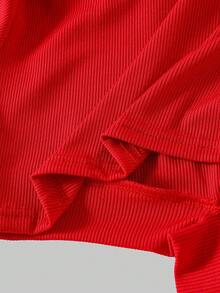 Sparklyn Tween 女童纯色圆领镂空短袖T恤，简约优雅设计，圆领，柔软亲肤 - 紅色 - 查看 3