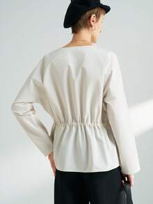 INAWLY Women's Solid Color Drop Shoulder Long Sleeve Cinched Waist Casual Regular Jacket - White - View 4