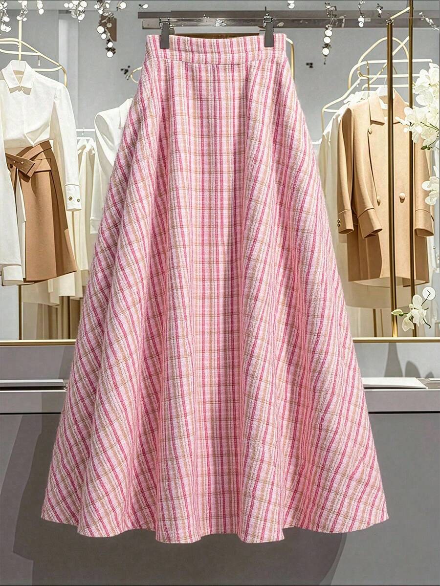 GlowEve CURVE 大码优雅粗花呢格子 A 字裙 - 粉色 - 查看 1