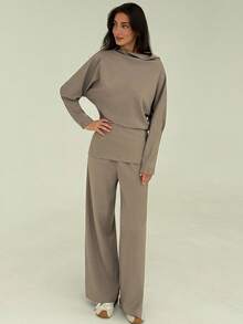 Aloruh Conjunto de 2 peças de blusa e calça de cor sólida casual para mulheres - Cinza - Ver 6