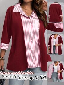EMERY ROSE Plus Size Women Striped Patchwork 3/4 Sleeve Casual Shirt/ Winter Women's Winter Coat  Stylish Clothing Collection - Red - View 1