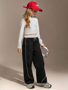 Hanevo Tween Girl Casual All-Match Street Sports Versatile Black & White Contrast Trim Loose Wide Leg Pants,Holiday,Summer,Travel - Black - View 6