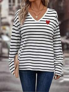 SHEIN LUNE 全新时尚休闲条纹心形V领女式长袖T恤 - 彩色 - 查看 4