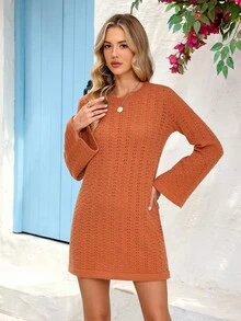 Vivid Eden Women's Casual Solid Color Bell Sleeve Knit Dress Autumn Winter Clothes For Women - Rust Brown - View 6