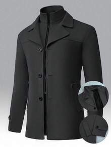 Manfinity Homme 男士纯色长袖翻领休闲夹克，秋冬黑色外套，尽显男士优雅商务休闲风，黑色正装大衣 - 黑色 - 查看 3