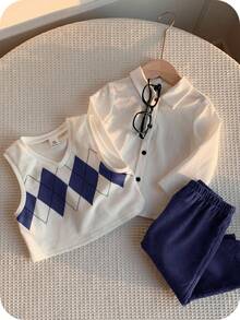 SHEIN 3pcs Baby Boy Casual Argyle Vest,White Shirt,Blue Pants Outfit,Blue And White Striped,Autumn,Casual,Matching Family,Back-To-School,Birthday,Wedding - Navy Blue - View 3