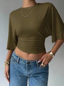 Aloruh Women's Casual Solid Color Short Fitted T-Shirts - Army Green - View 4