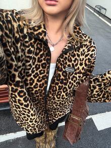 SHEIN EZwear 加大码豹纹毛茸茸夹克，可调节抽绳下摆，冬季保暖 - 彩色 - 查看 1