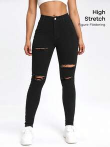 SHEIN EZwear Black Slant Pocket Ripped Skinny Jeans - Black - View 7