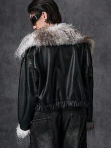LYSMO 女士时尚毛绒拼布夹克，秋冬 - 黑色 - 查看 2