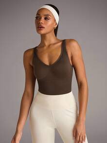 SHEIN BAE 无缝瑜伽高弹力紧身衣，内置胸垫 - 棕色 - 查看 7