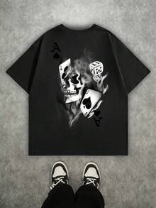 Manfinity ZONE917 Men's Loose Fit Black Spade A Smoke Skull Dice Print Black Drop Shoulder T-Shirt Men S Tshirt Skulls - Black - View 6