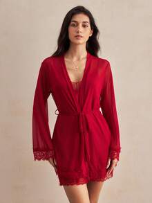 Charlaine Women's Contrast Lace Camisole Nightgown And Tie Waist Sheer Robe Set - Burgundy - View 2