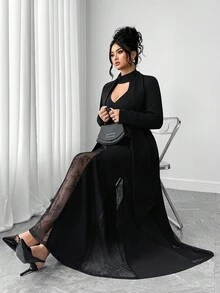 Elenzga 大码女式优雅V领长袖蕾丝拼接A字连衣裙，秋冬 - 黑色 - 查看 1