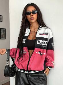 Coolane Áo khoác bóng chày họa tiết chữ Blokecore màu khối dành cho nữ mùa thu dạo phố khi trở lại trường - Hồng - Xem 5