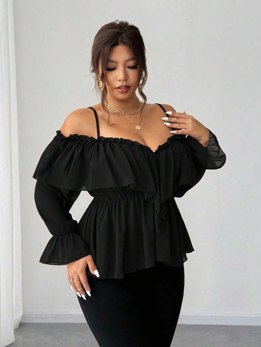 Elenzga Áo hở vai hở lưng gợi cảm cỡ lớn - màu đen - Xem 1
