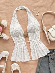 Soleia Áo cánh dệt cổ yếm trang trí kim loại mới, thích hợp cho các lễ hội âm nhạc, tiệc tùng, dạ hội, mùa tựu trường - Màu be - Xem 1