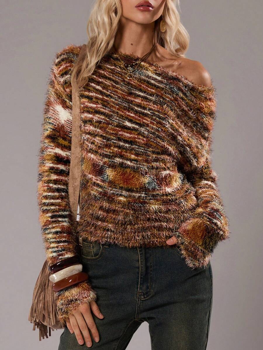 SHEIN TRNDY 1 件女式毛衣,多色不对称条纹仿皮草纹理,复古不对称肩部,休闲风格,秋冬 - 彩色 - 查看 1