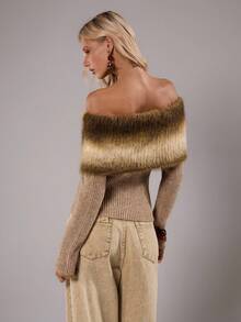 TRNVIE 1pc Women's Apricot Vintage Bohemian Color Block Turtleneck Sweater, Everyday Wear - Apricot - View 2