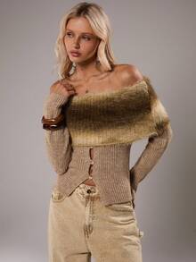 TRNVIE 1pc Women's Apricot Vintage Bohemian Color Block Turtleneck Sweater, Everyday Wear - Apricot - View 8