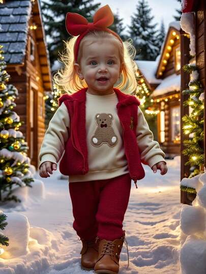 SHEIN 买二送一 可爱宝宝女孩 休闲简约可爱 加厚舒适柔软双面抓绒材质 纯红色 连帽背心和圆领毛衣和裤子多件套 适合生日派对、联欢会、演出、婚礼、洗礼、开幕式 适合日常使用 适合上学 适合旅行 适合秋冬季节