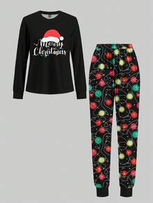 SHEIN LUNE Weihnachtsbeleuchtung bedruckter Familien-Weihnachts-Pyjama-Set 2 Teile Hauskleidung Nachtwäsche für Erwachsene, Kinder und Babys Weihnachtsferien-Party Familienzusammenkunft Langarm Weihnachtsmütze bedrucktes T-Shirt Oberteil und bedruckte Hose Set