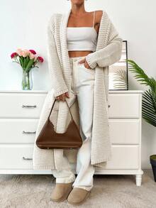 EURMUSE 女士口袋细节长款超大落肩开衫 - 奶油色 - 查看 3