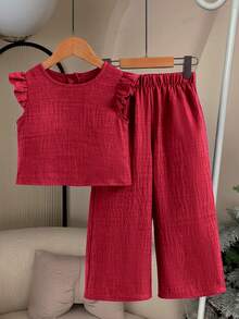 Elladie kids 女童纹理面料短袖纽扣后背T恤和休闲长裤两件套 - 酒紅色 - 查看 2