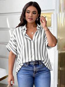 EMERY ROSE Plus Size Linen Striped Casual/Office Shirt