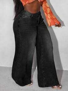 Slaydiva Plus Size Casual Washed Thermal Lined Wide Leg Jeans - Black - View 5