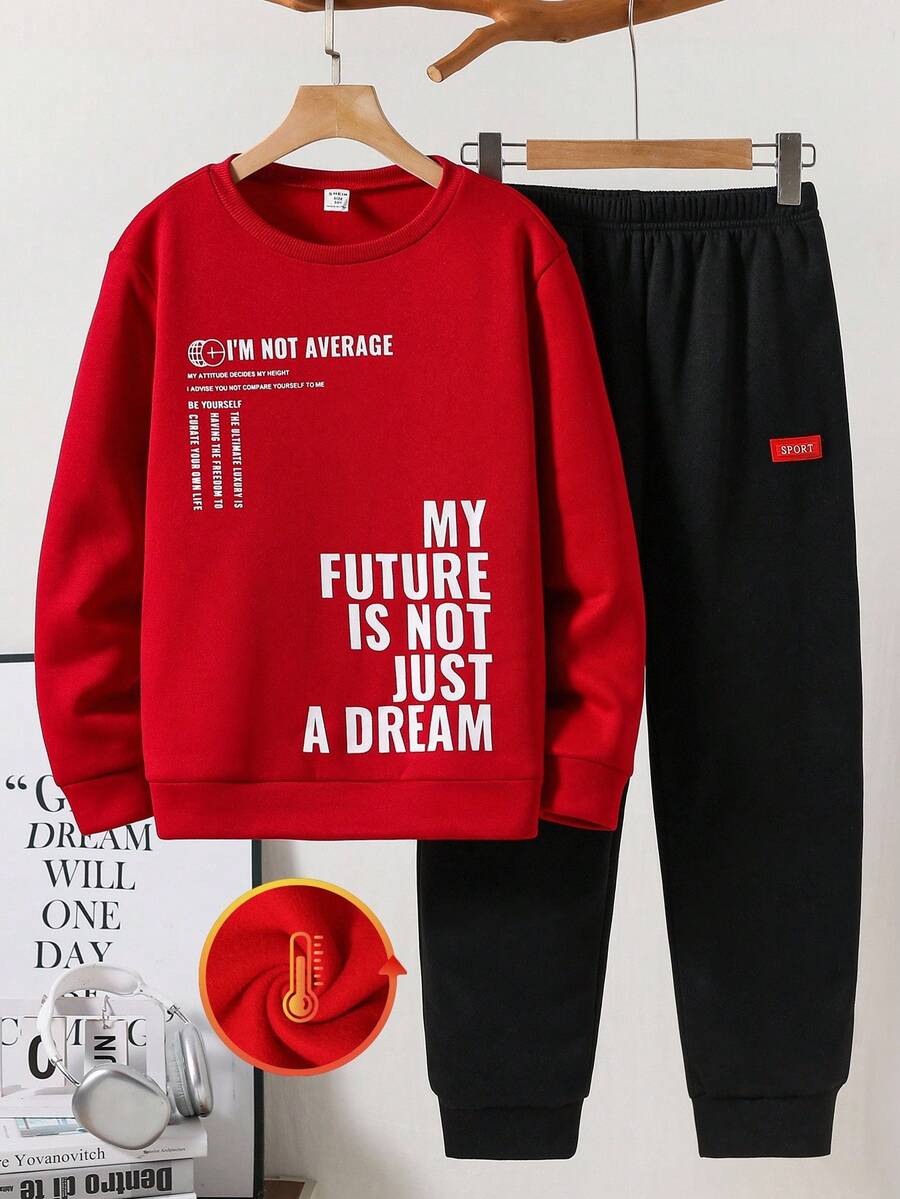 SHEIN 2pcs/Set Tween Boys Casual Letter Print Graphic Crew Neck Sweatshirt And Solid Color Thermal Lined Jogger Pants, Thickened - Red - View 1