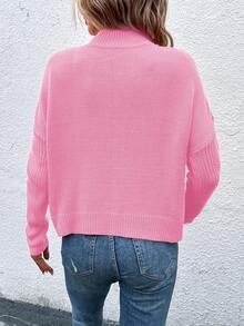 EMERY ROSE Women's Solid Color Stand Collar Drop Shoulder Long Sleeve Casual Pullover Sweater, Autumn/Winter - Pink - View 2