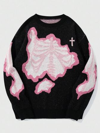 Grunge Punk Pull ample décontracté à col rond avec motif de croix de squelette pour hommes, style grunge, automne/hiver