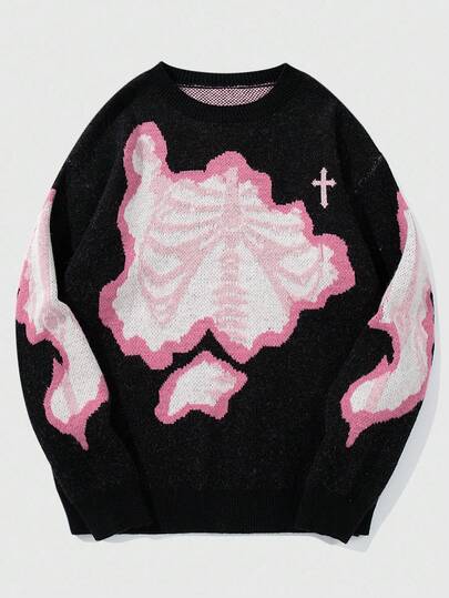 Grunge Punk كنزة صوفية كاجوال فضفاضة بطبعة هيكل عظمي وصليب، طراز جرانج، للخريف والشتاء