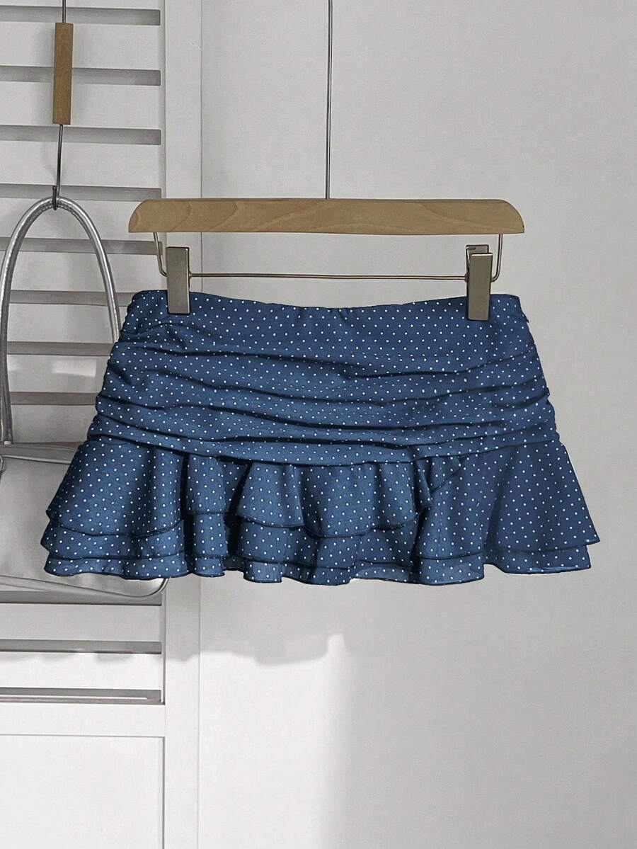 Elamini Falda mini de vacaciones dulce con decoración de lunares y volantes plisados y en capas - Azul - View 1