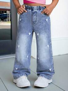 Young Girls Y2K Style New Fashion Loose Fit Heart Embroidered Washed Light Blue Straight Wide Leg Jeans, Casual Daily Versatile Girls Denim Pants - Light Wash - View 2