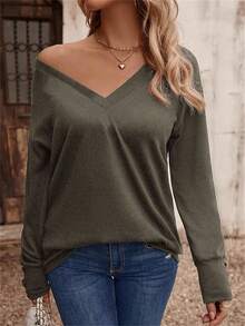 INAWLY Plus Button Detail Drop Shoulder Tee, For Thanksgiving Fall Cloth For Women - Army Green - View 4