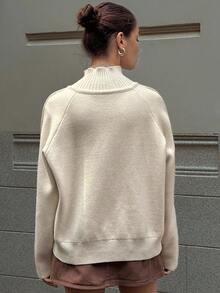 Livesso Suéter holgado de punto de cable con textura, de estilo empresarial casual, con cuello alto y mangas raglán, elegante cárdigan para uso en la oficina, otoño/invierno - Albaricoque - Ver 3