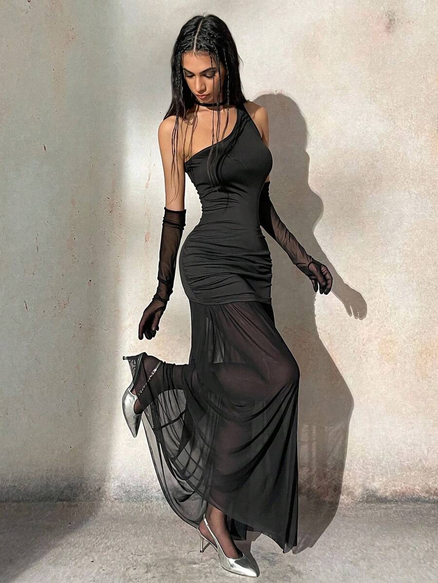 Ardnt Y2K Winter Fall Halloween Party Cosplay Costume Gothic Punk American Baddie Style One-Shoulder Asymmetric Design Halter Neck Ruched Waist Mesh Patchwork Bodycon Women Long Dress