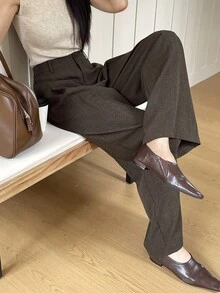 DAZY 女式纯色纽扣拉链休闲百搭阔腿裤 - 咖啡棕 - 查看 10