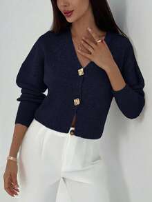 Aloruh Nueva chaqueta de punto de cuello en V profundo de manga larga y silueta ajustada con botones, versátil suéter casual de punto para otoño/invierno - Azul Marino - Ver 5