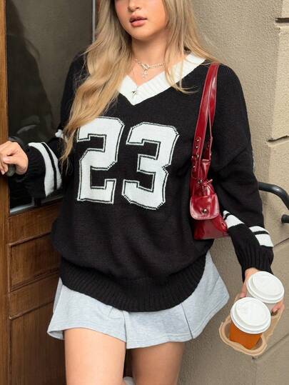 SHEIN EZwear 大码女式黑色套头毛衣，简约时尚，适合秋冬季休闲日常穿着