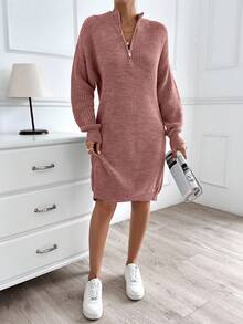 EURMUSE Women Plain Knit Design Knit Dress With Zipper Detail,Petite - Rusty Rose - View 7