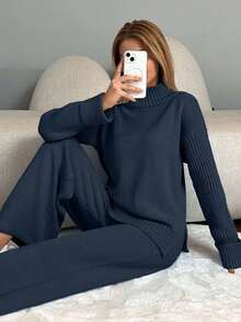 EURMUSE 2pcs Women Sets - Stand Collar Drop Shoulder Long Sleeve Sweater And Long Pants, Casual - Teal Blue - View 5
